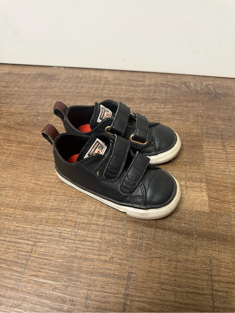 Converse Kids Black Leather Velcro Sneakers with Brown Heel Tabs